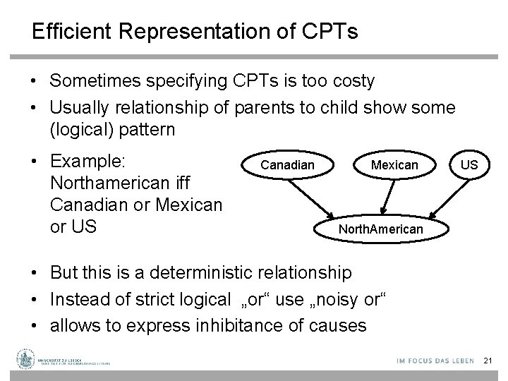 Efficient Representation of CPTs • Sometimes specifying CPTs is too costy • Usually relationship