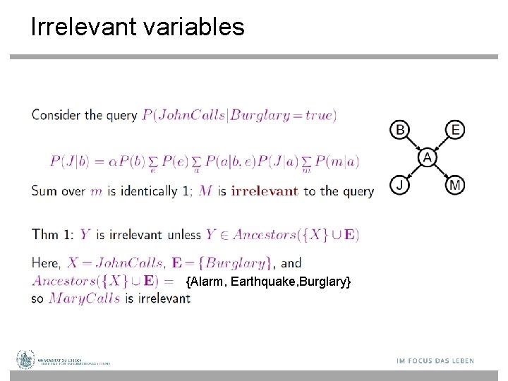 Irrelevant variables {Alarm, Earthquake, Burglary} 