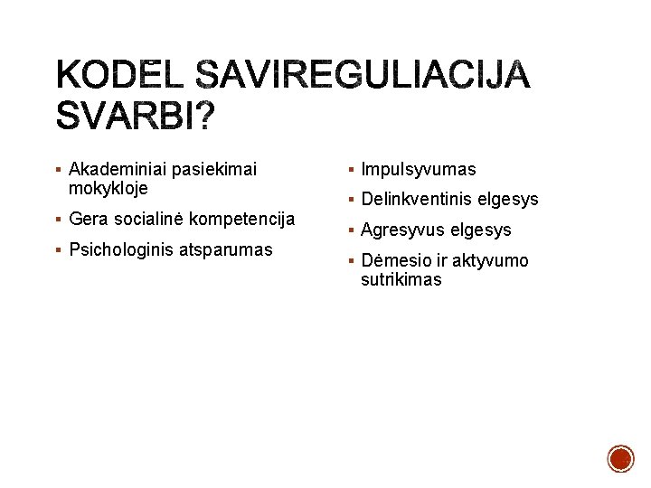 § Akademiniai pasiekimai mokykloje § Gera socialinė kompetencija § Psichologinis atsparumas § Impulsyvumas §