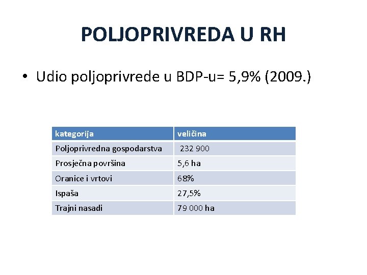 POLJOPRIVREDA U RH • Udio poljoprivrede u BDP-u= 5, 9% (2009. ) kategorija veličina