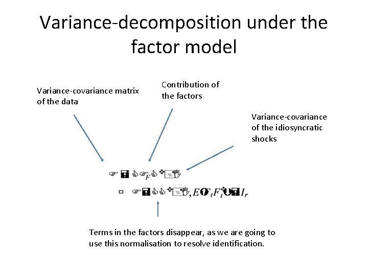 Variance-decomposition under the factor model Variance-covariance matrix of the data Contribution of the factors Variance-decomposition under the factor model Variance-covariance matrix of the data Contribution of the factors