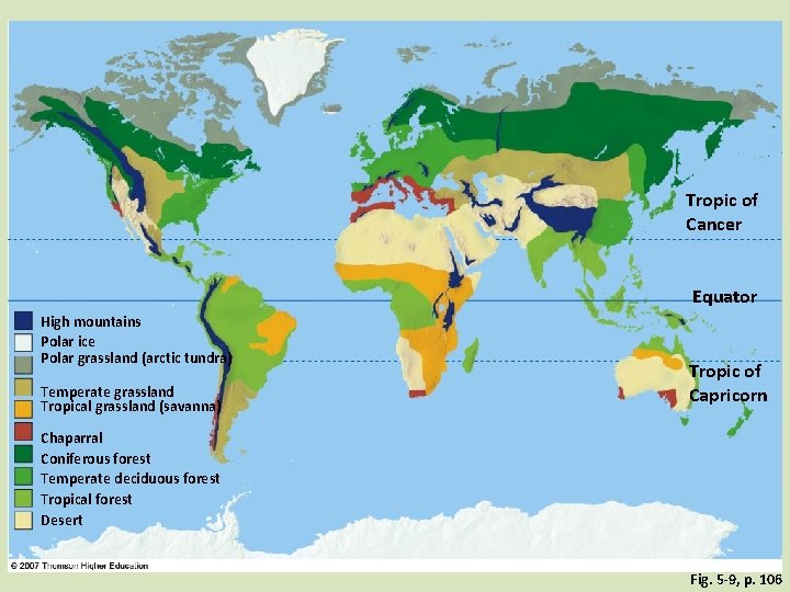 Tropic of Cancer Equator High mountains Polar ice Polar grassland (arctic tundra) Temperate grassland