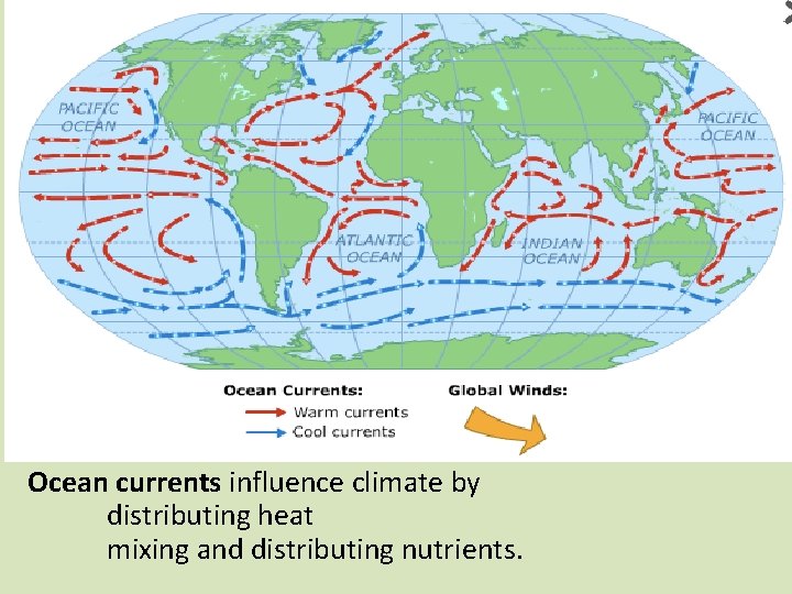Ocean currents influence climate by distributing heat mixing and distributing nutrients. 