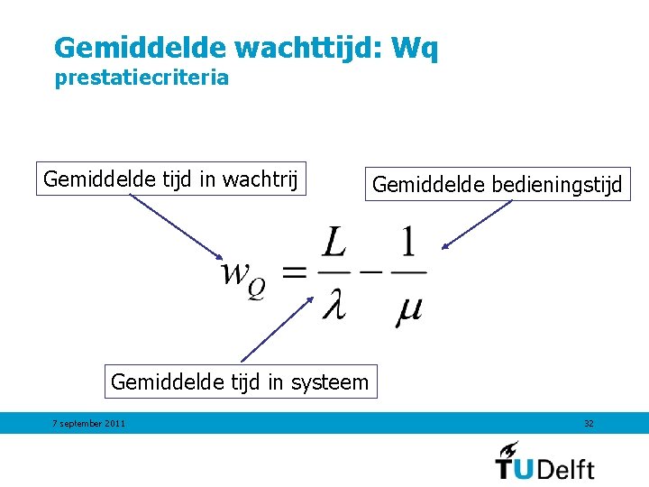 Gemiddelde wachttijd: Wq prestatiecriteria Gemiddelde tijd in wachtrij Gemiddelde bedieningstijd Gemiddelde tijd in systeem Gemiddelde wachttijd: Wq prestatiecriteria Gemiddelde tijd in wachtrij Gemiddelde bedieningstijd Gemiddelde tijd in systeem