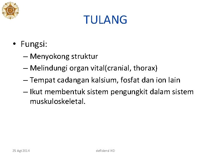 TULANG • Fungsi: – Menyokong struktur – Melindungi organ vital(cranial, thorax) – Tempat cadangan TULANG • Fungsi: – Menyokong struktur – Melindungi organ vital(cranial, thorax) – Tempat cadangan