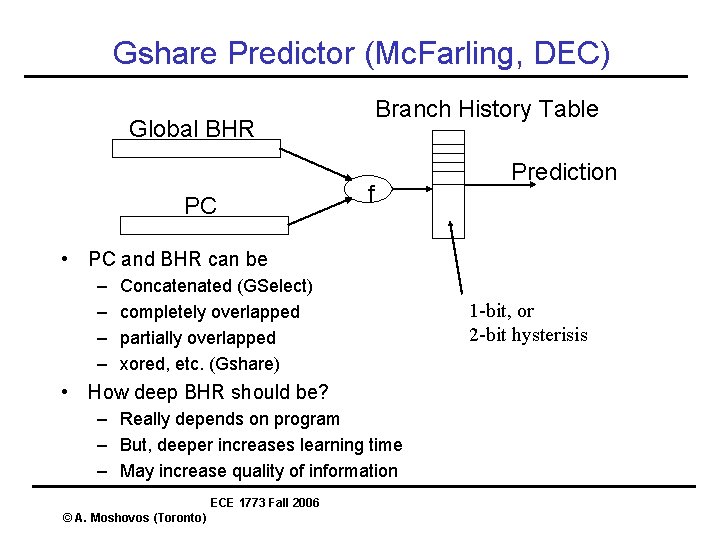 Gshare Predictor (Mc. Farling, DEC) Branch History Table Global BHR PC f Prediction •