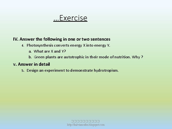 …Exercise IV. Answer the following in one or two sentences 4. Photosynthesis converts energy