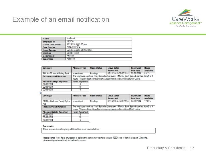 Example of an email notification Proprietary & Confidential 12 