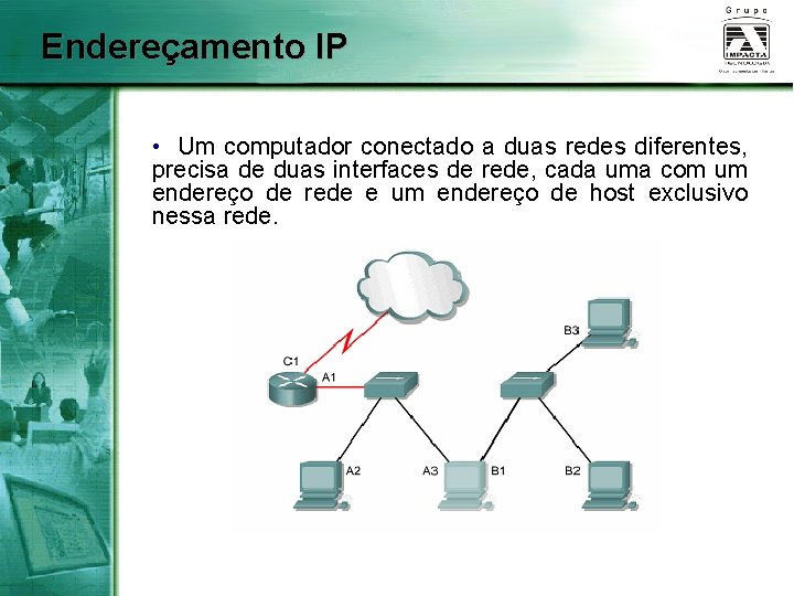 Endereçamento IP • Um computador conectado a duas redes diferentes, precisa de duas interfaces