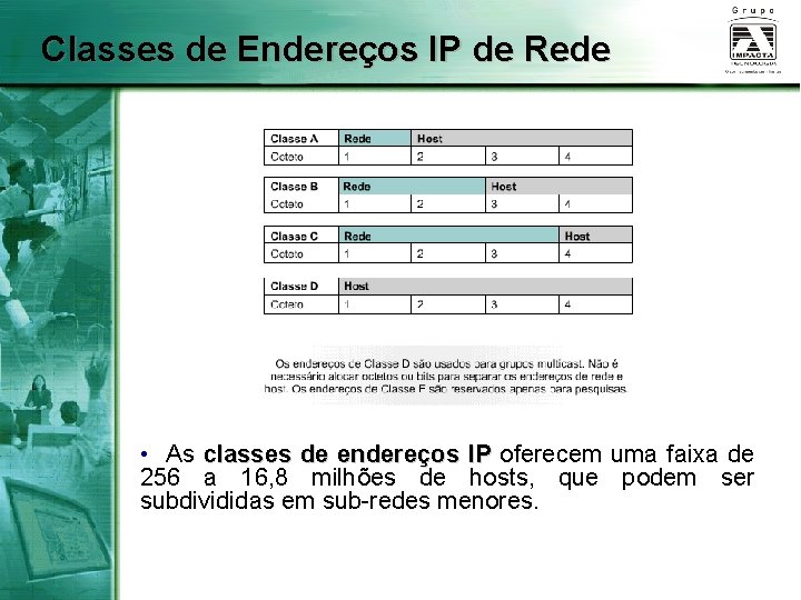 Classes de Endereços IP de Rede • As classes de endereços IP oferecem uma
