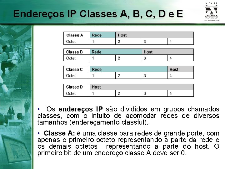 Endereços IP Classes A, B, C, D e E • Os endereços IP são