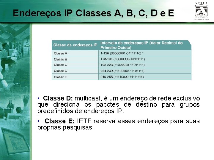 Endereços IP Classes A, B, C, D e E • Classe D: multicast, é