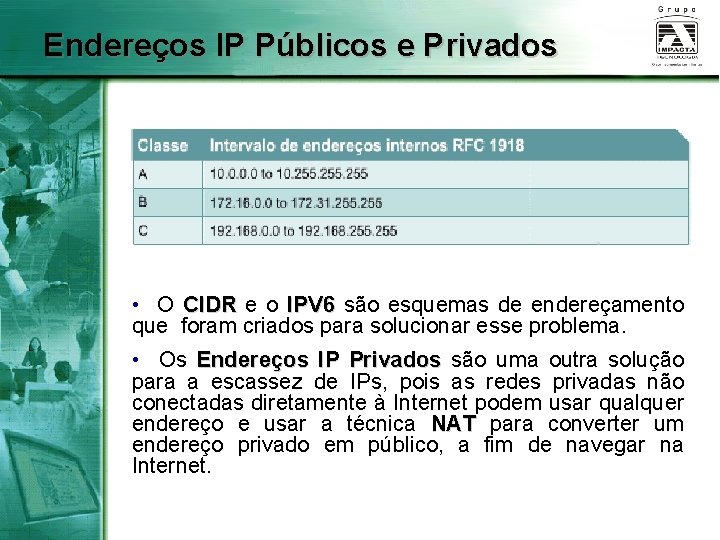 Endereços IP Públicos e Privados • O CIDR e o IPV 6 são esquemas