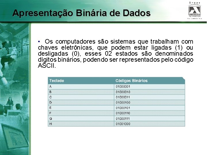 Apresentação Binária de Dados • Os computadores são sistemas que trabalham com chaves eletrônicas,