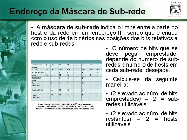 Endereço da Máscara de Sub-rede • A máscara de sub-rede indica o limite entre