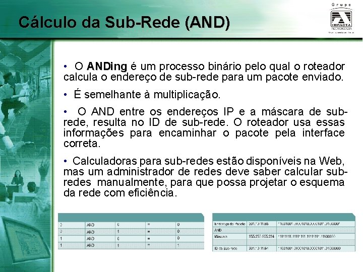 Cálculo da Sub-Rede (AND) • O ANDing é um processo binário pelo qual o
