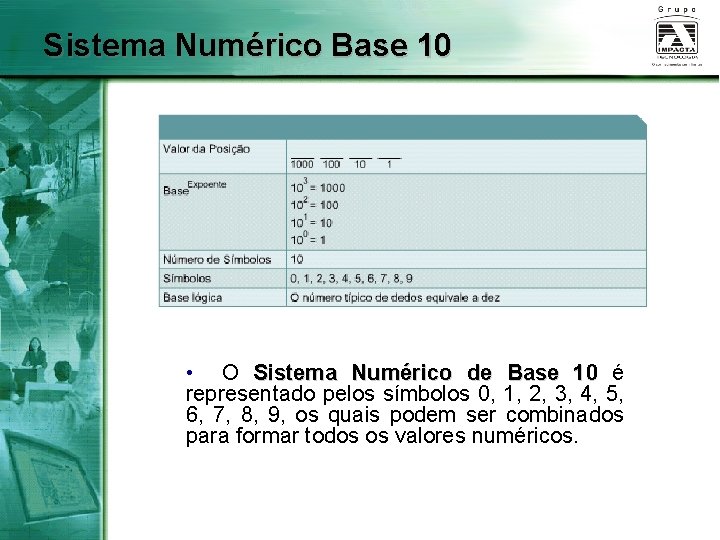 Sistema Numérico Base 10 • O Sistema Numérico de Base 10 é representado pelos