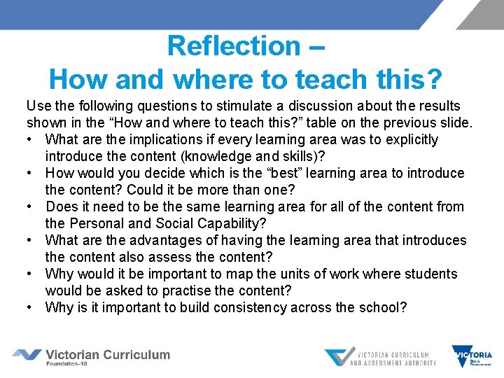 Reflection – How and where to teach this? Use the following questions to stimulate