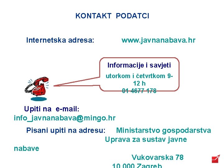 KONTAKT PODATCI Internetska adresa: www. javnanabava. hr Informacije i savjeti utorkom i četvrtkom 912