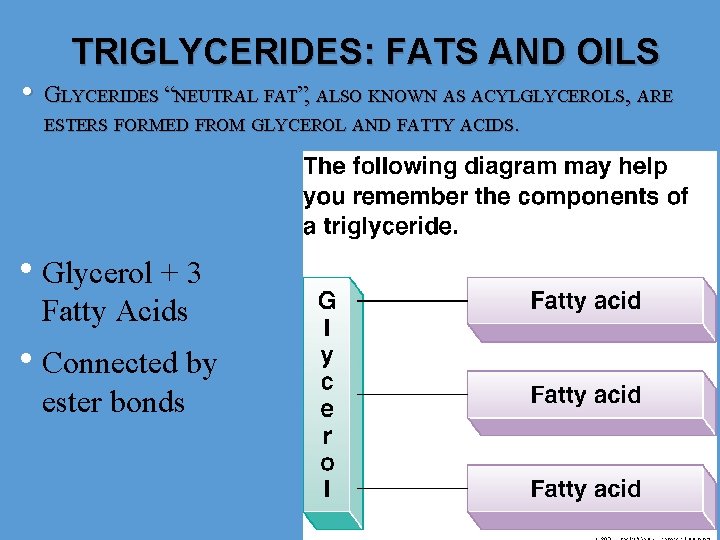  • TRIGLYCERIDES: FATS AND OILS GLYCERIDES “NEUTRAL FAT”, ALSO KNOWN AS ACYLGLYCEROLS, ARE