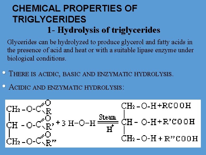CHEMICAL PROPERTIES OF TRIGLYCERIDES 1 - Hydrolysis of triglycerides Glycerides can be hydrolyzed to
