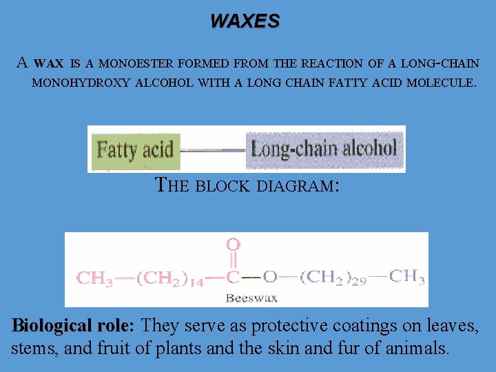 WAXES А WAX IS А MONOESTER FORMED FROM THE REACTION OF А LONG-CHAIN MONOHYDROXY