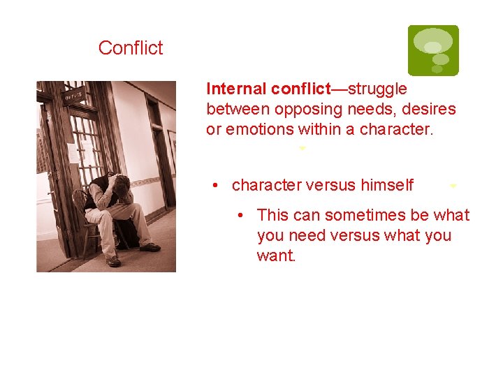 Conflict Internal conflict—struggle between opposing needs, desires or emotions within a character. • character Conflict Internal conflict—struggle between opposing needs, desires or emotions within a character. • character