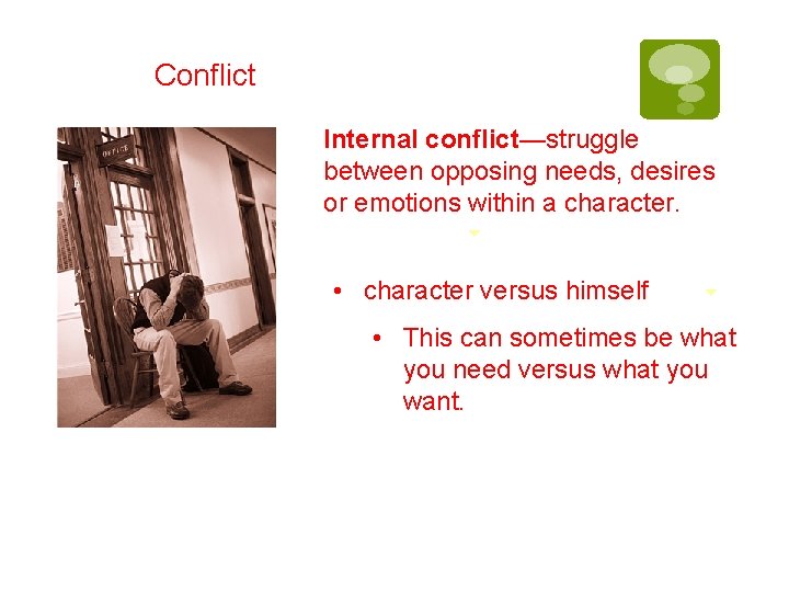 Conflict Internal conflict—struggle between opposing needs, desires or emotions within a character. • character