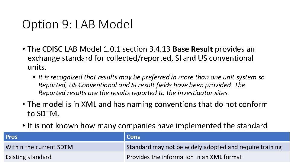 Option 9: LAB Model • The CDISC LAB Model 1. 0. 1 section 3.