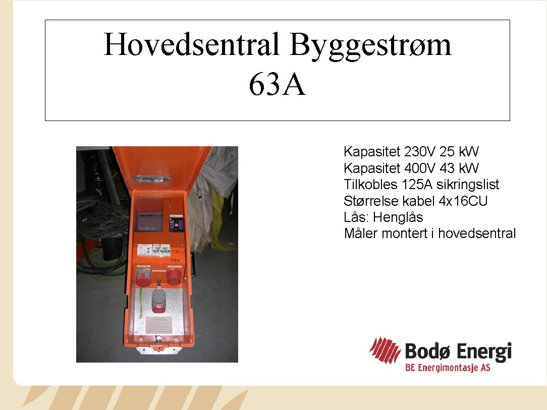 Hovedsentral Byggestrøm 63 A Kapasitet 230 V 25 k. W Kapasitet 400 V 43