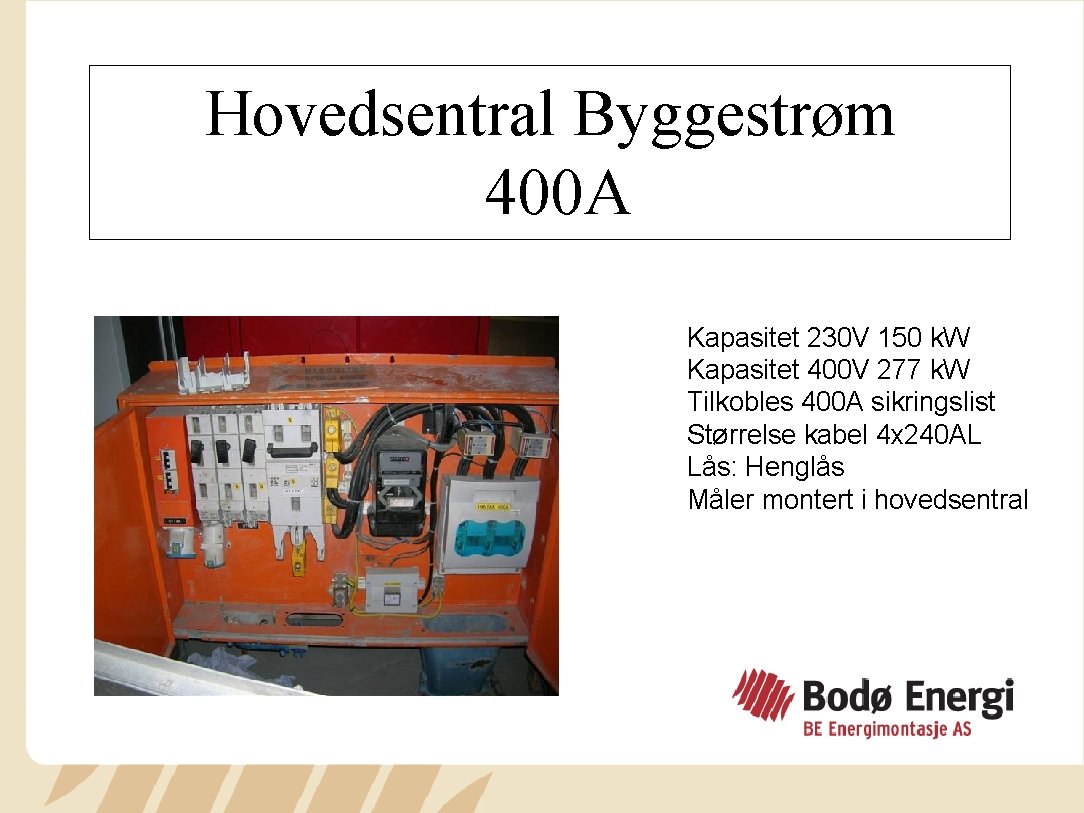 Hovedsentral Byggestrøm 400 A Kapasitet 230 V 150 k. W Kapasitet 400 V 277