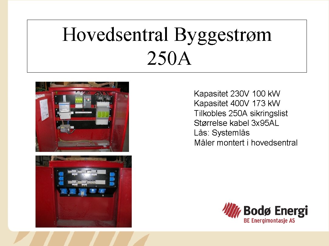 Hovedsentral Byggestrøm 250 A Kapasitet 230 V 100 k. W Kapasitet 400 V 173