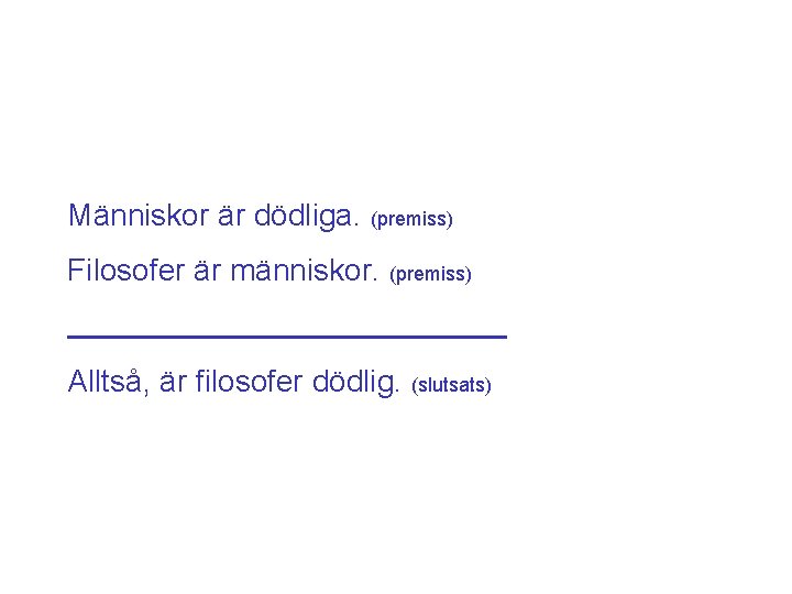 Människor är dödliga. (premiss) Filosofer är människor. (premiss) Alltså, är filosofer dödlig. (slutsats) 