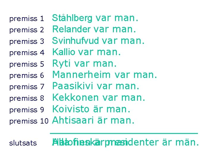 premiss 10 Ståhlberg var man. Relander var man. Svinhufvud var man. Kallio var man.