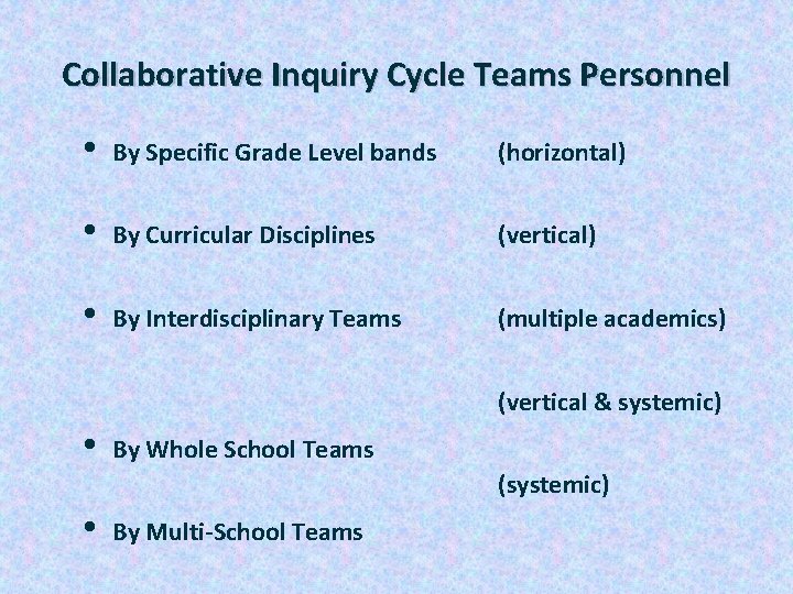 Collaborative Inquiry Cycle Teams Personnel • By Specific Grade Level bands (horizontal) • By