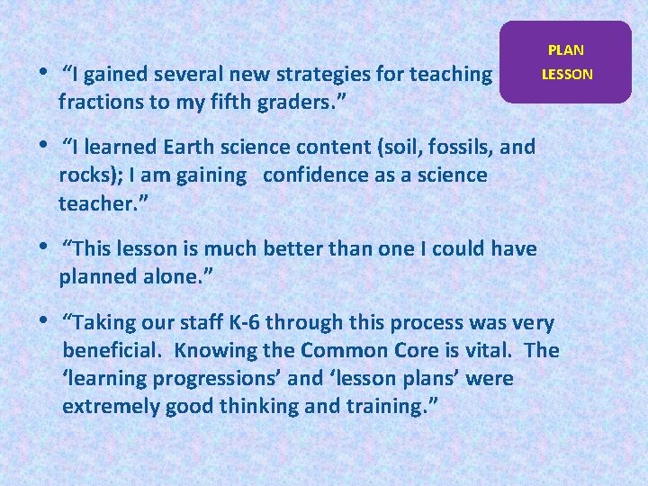  • “I gained several new strategies for teaching PLAN LESSON fractions to my