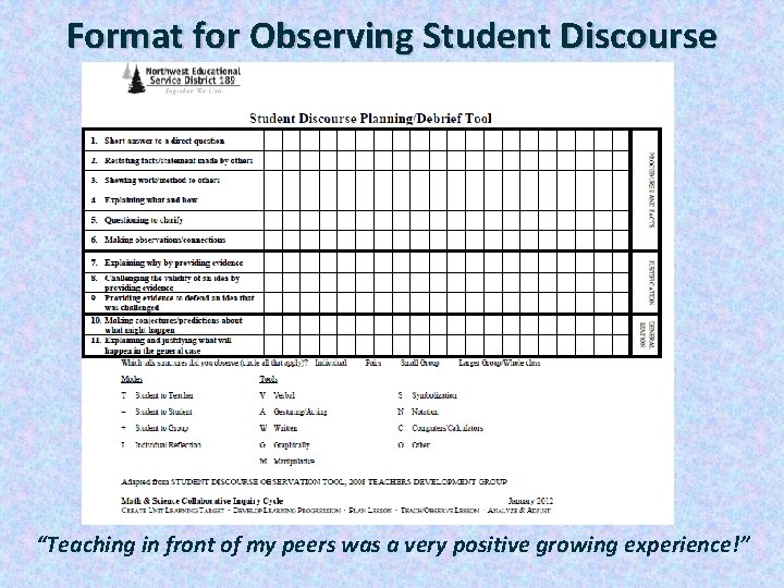 Format for Observing Student Discourse “Teaching in front of my peers was a very