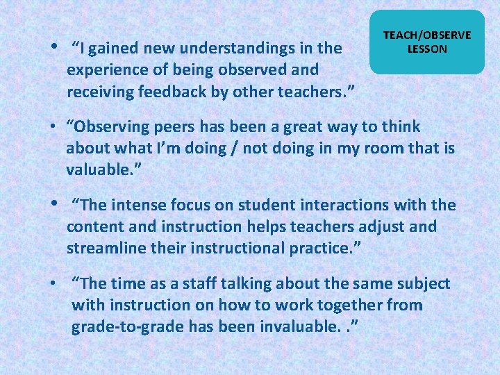  • “I gained new understandings in the TEACH/OBSERVE LESSON experience of being observed