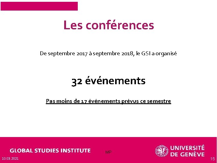 Les conférences De septembre 2017 à septembre 2018, le GSI a organisé 32 événements
