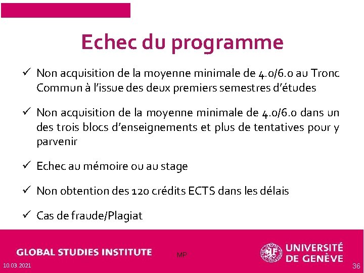 Echec du programme ü Non acquisition de la moyenne minimale de 4. 0/6. 0