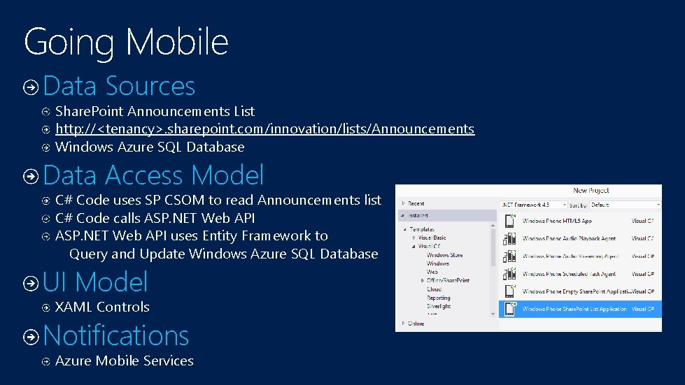 Going Mobile Data Sources Share. Point Announcements List http: //<tenancy>. sharepoint. com/innovation/lists/Announcements Windows Azure Going Mobile Data Sources Share. Point Announcements List http: //<tenancy>. sharepoint. com/innovation/lists/Announcements Windows Azure