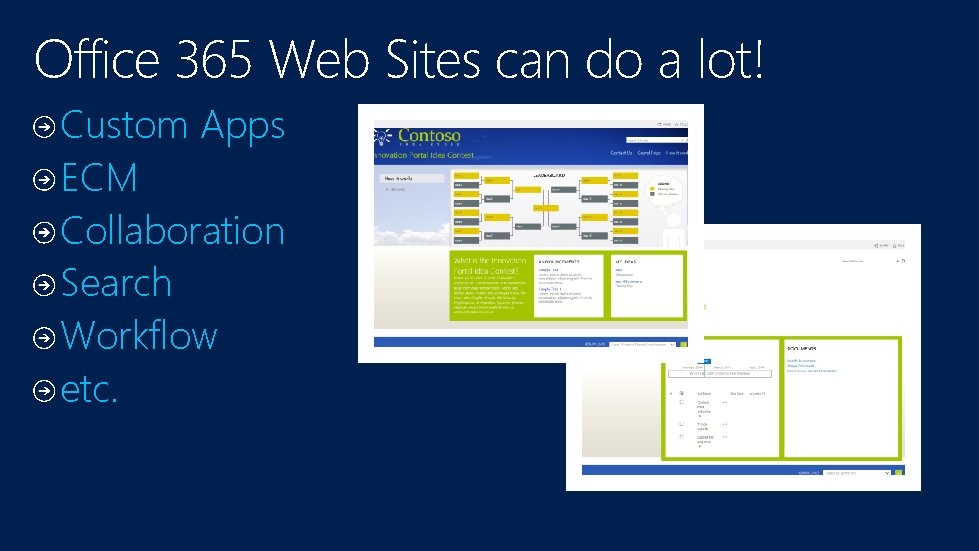 Office 365 Web Sites can do a lot! Custom Apps ECM Collaboration Search Workflow Office 365 Web Sites can do a lot! Custom Apps ECM Collaboration Search Workflow