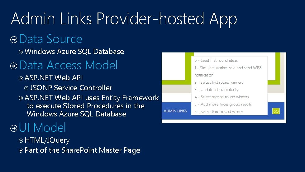 Admin Links Provider-hosted App Data Source Windows Azure SQL Database Data Access Model ASP. Admin Links Provider-hosted App Data Source Windows Azure SQL Database Data Access Model ASP.