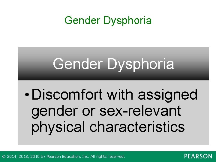 Gender Dysphoria • Discomfort with assigned gender or sex-relevant physical characteristics © 2014, 2013,