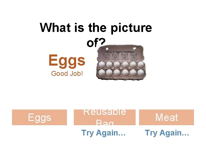 What is the picture of? Eggs Good Job! Eggs Reusable Bag Try Again… Meat