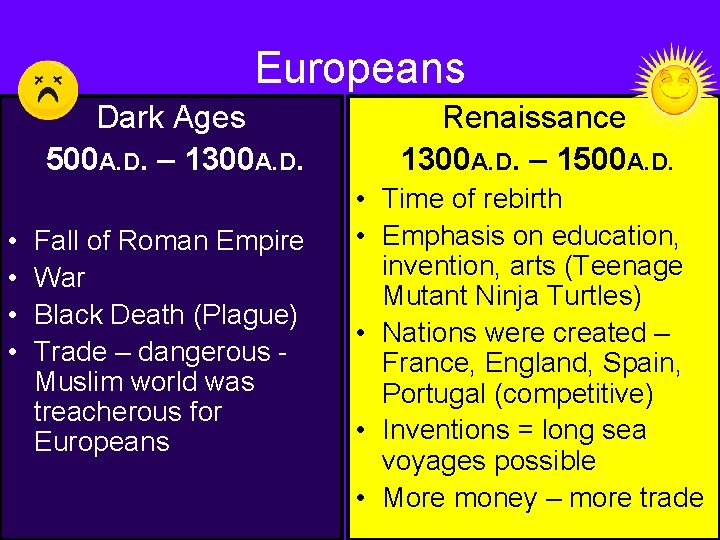 Europeans • • Dark Ages 500 A. D. – 1300 A. D. Renaissance 1300