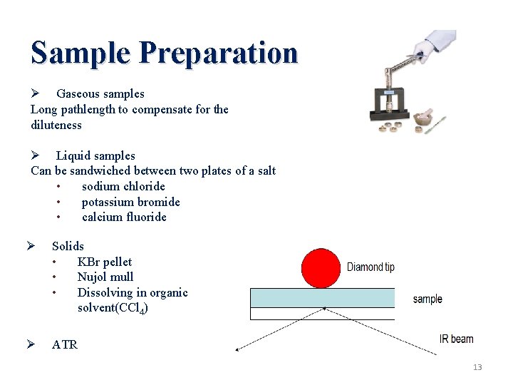 Sample Preparation Ø Gaseous samples Long pathlength to compensate for the diluteness Ø Liquid