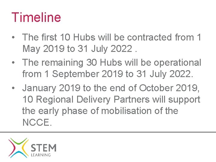 Timeline • The first 10 Hubs will be contracted from 1 May 2019 to