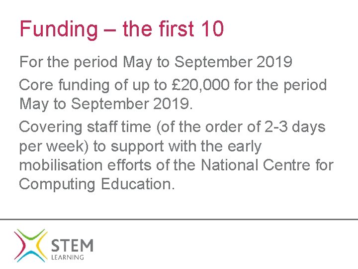 Funding – the first 10 For the period May to September 2019 Core funding
