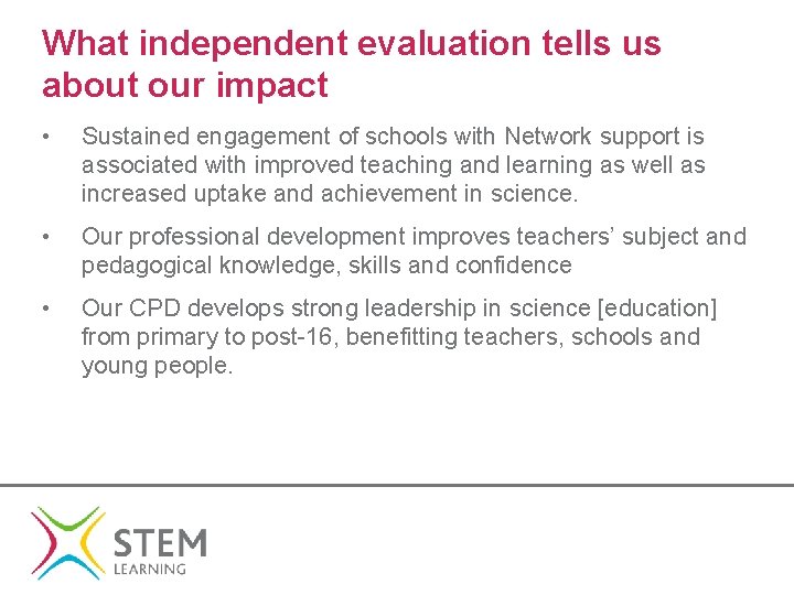 What independent evaluation tells us about our impact • Sustained engagement of schools with